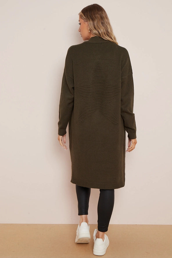Soft Knit Long Cardigan with Star Detail - Khaki
