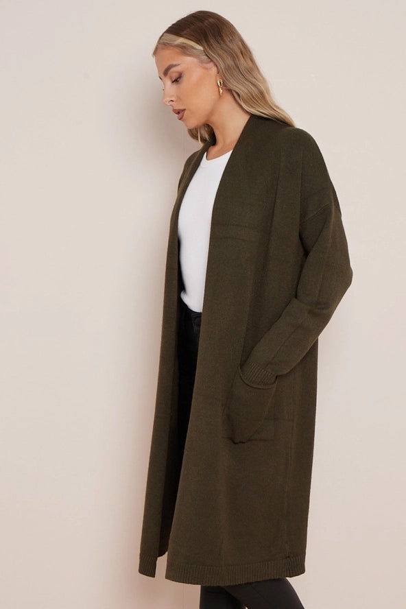 Soft Knit Long Cardigan with Star Detail - Khaki