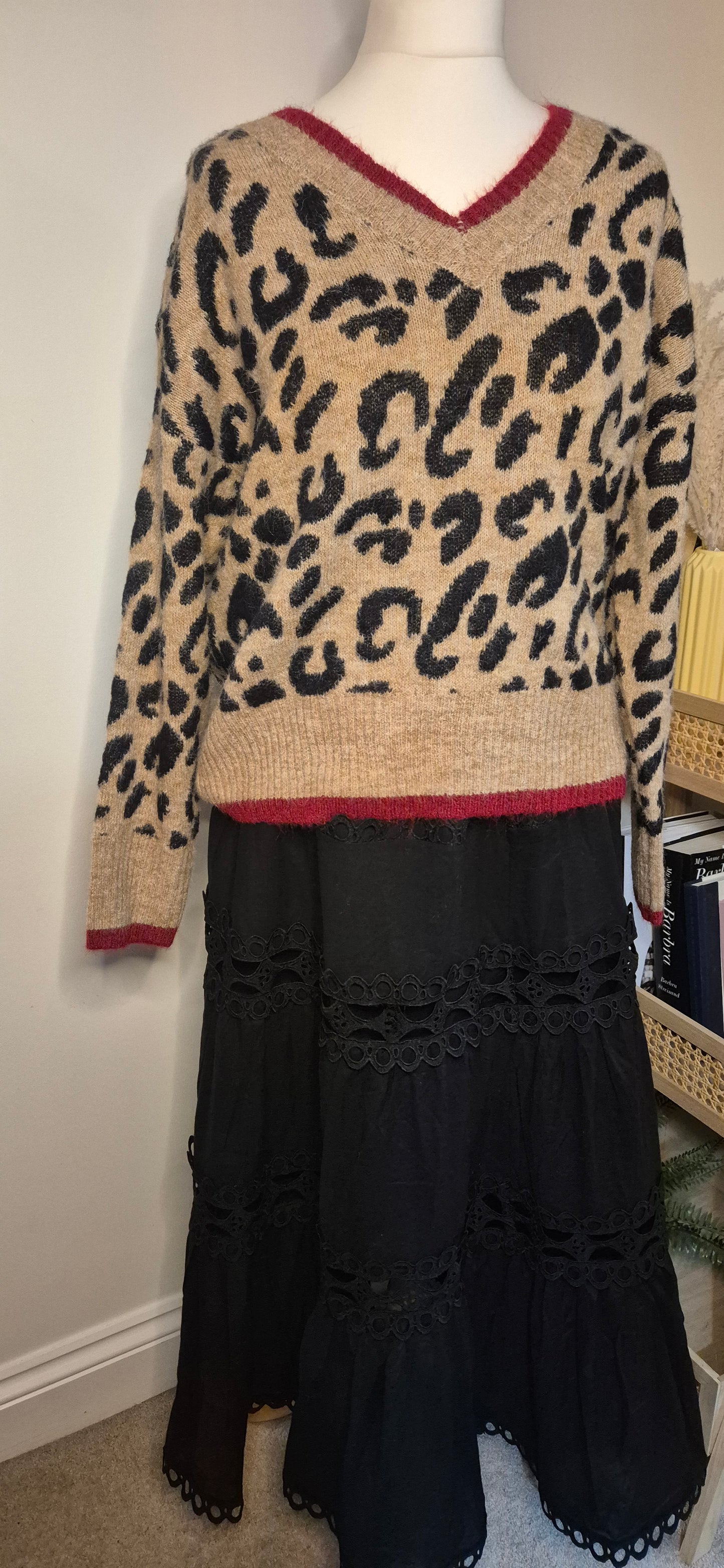 Leopard Sweater with Red Trim