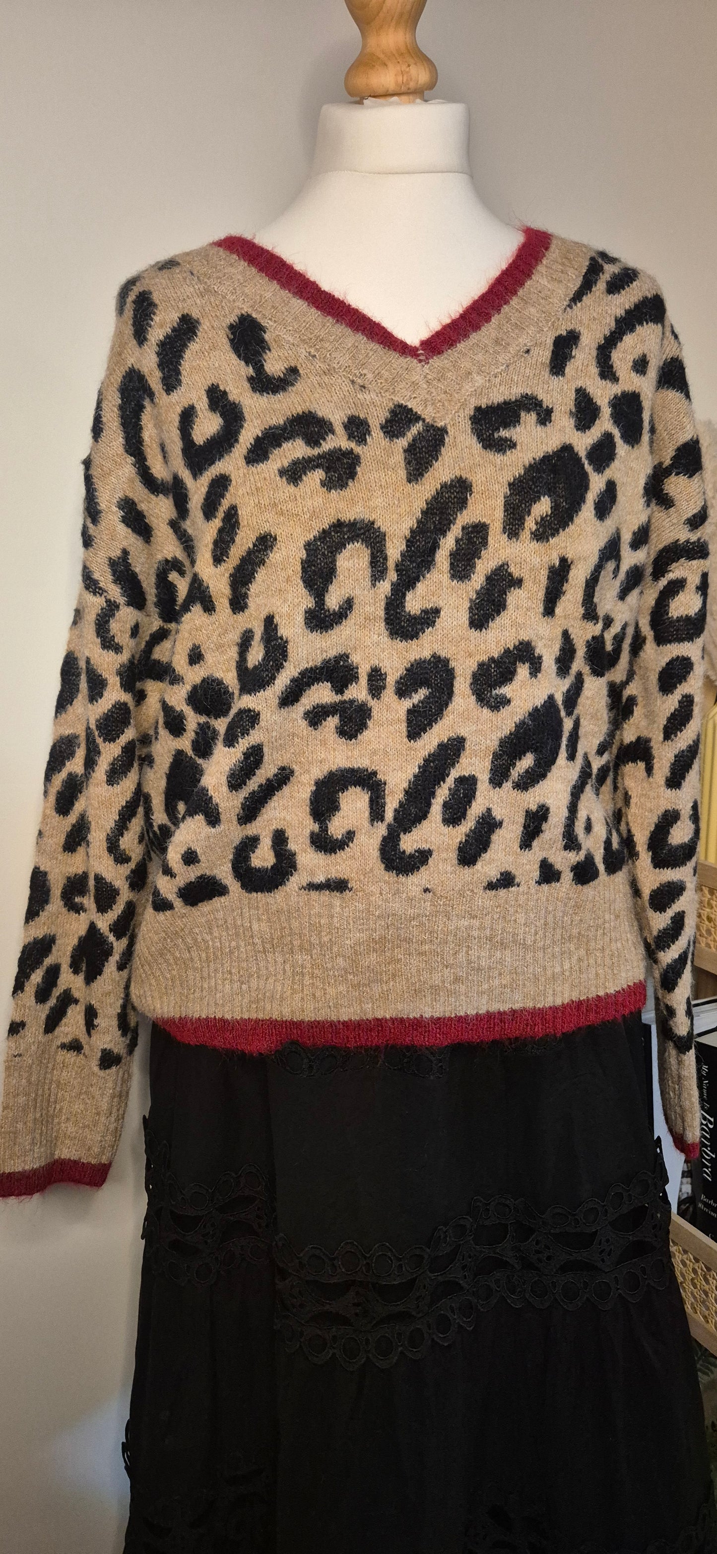 Leopard Sweater with Red Trim
