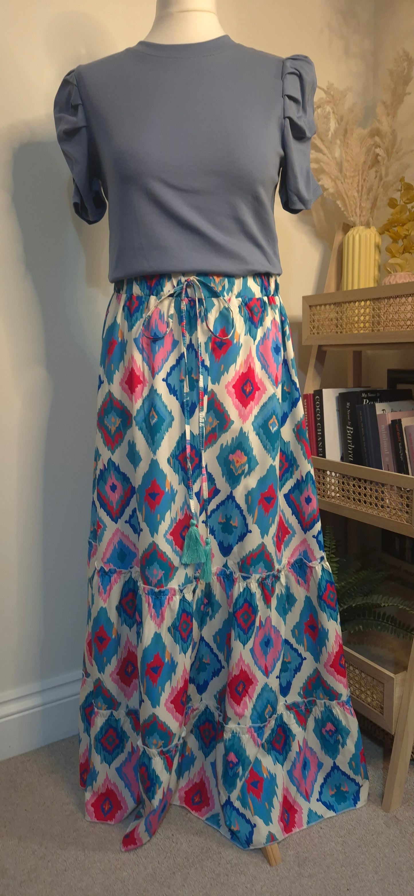 Last True Angel Diamond Print Floaty Maxi Skirt in Blue/Pink - One Size