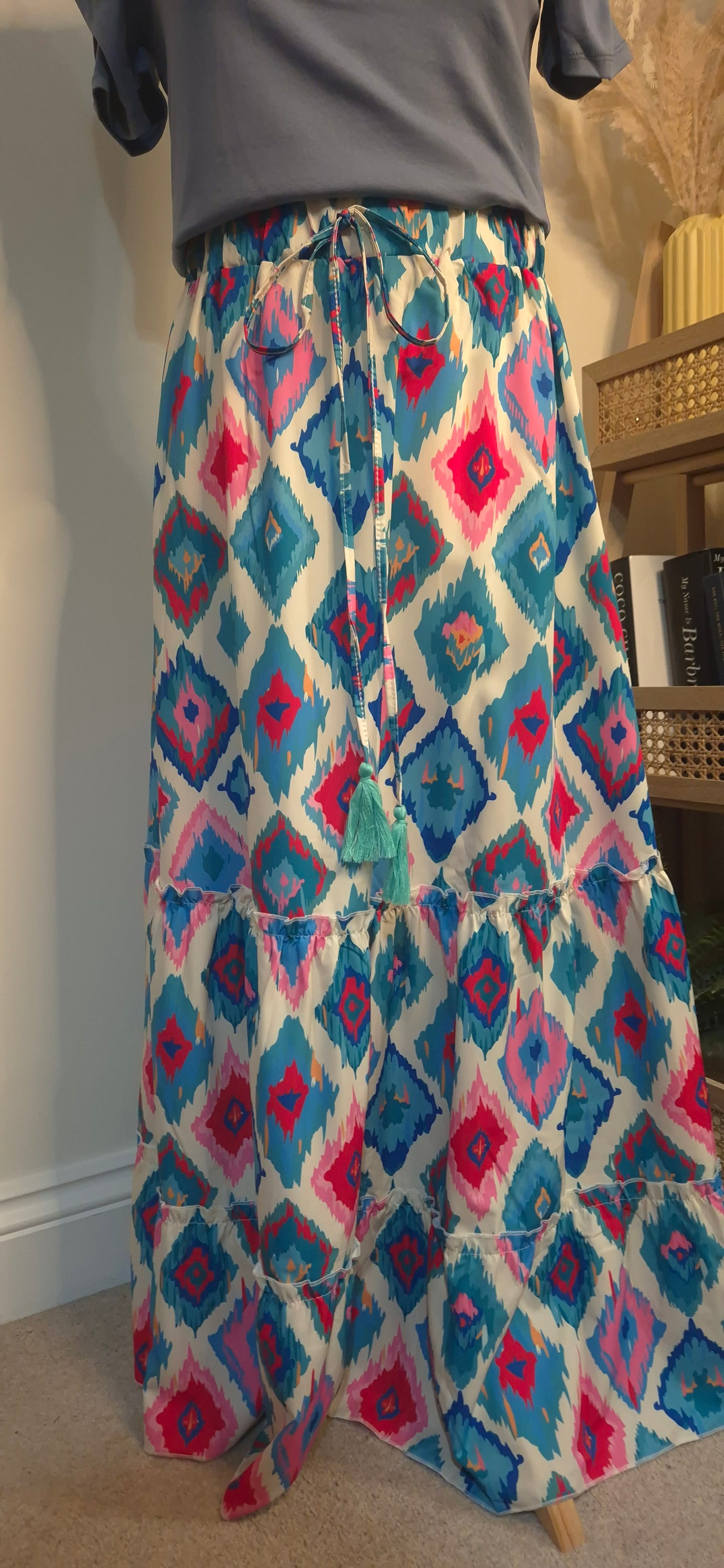 Last True Angel Diamond Print Floaty Maxi Skirt in Blue/Pink - One Size