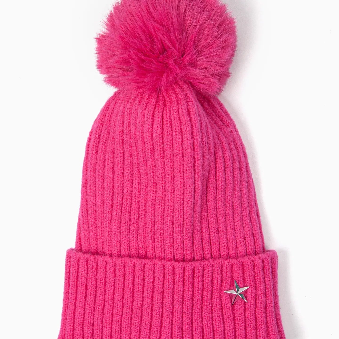 Fuchsia Pink Bobble Hat with Silver Star