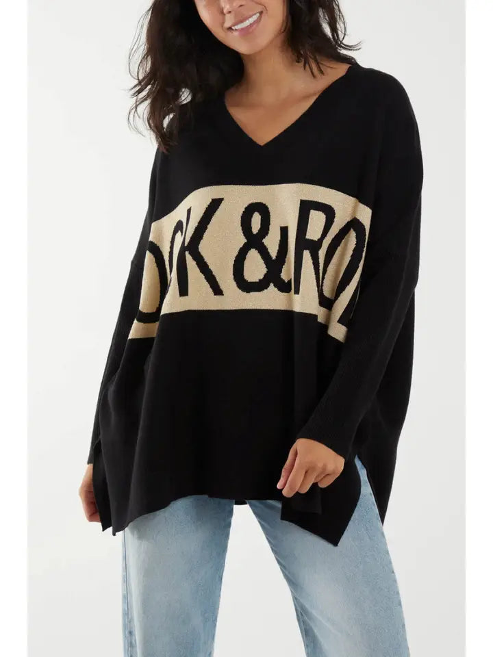 Black Rock & Roll V-Neck Jumper with Metallic Thread Detail