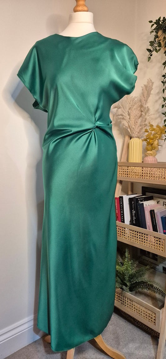 Satin Slip Dress with Knot Detail - Emerald Green