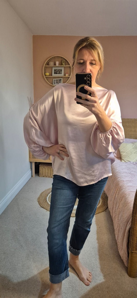 Satin Slash Neck Blouse - Pink