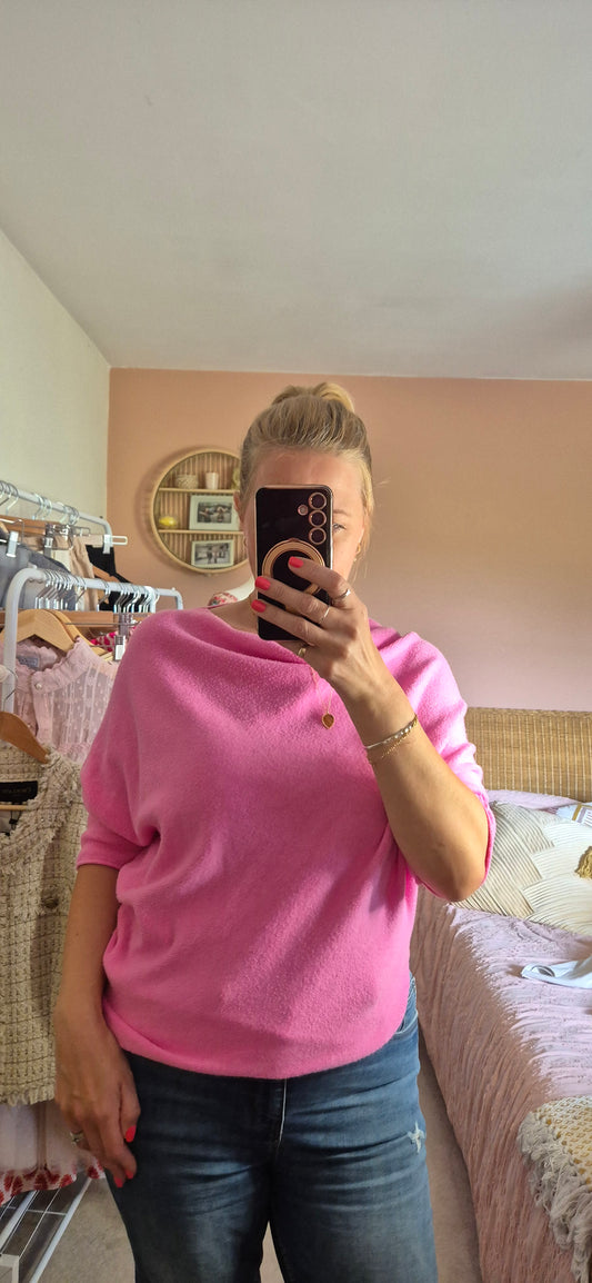 Asymmetrical 3/4 Sleeve Knit Sweater – Bubble Gum Pink