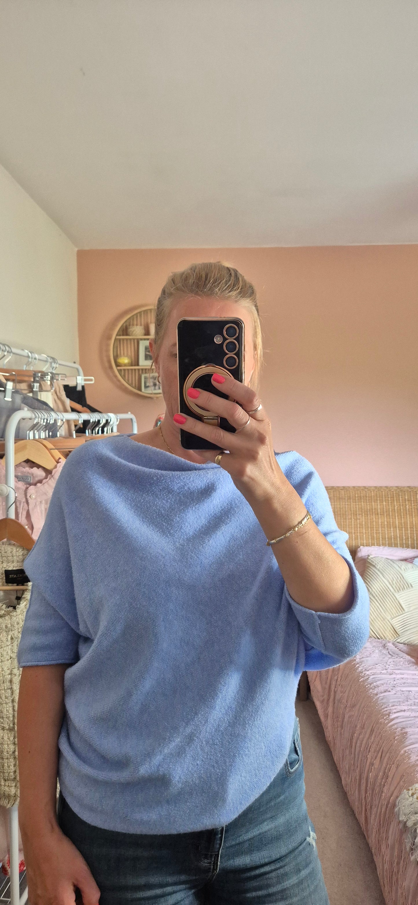 Asymmetrical 3/4 Sleeve Knit Sweater – Sky Blue
