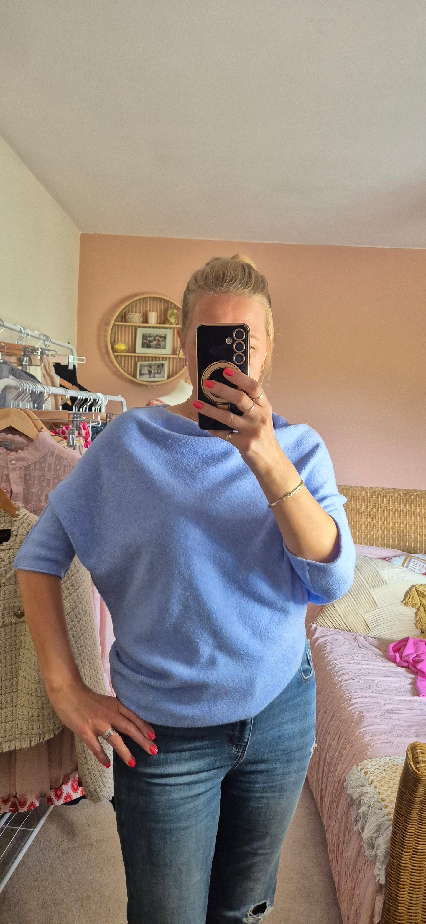 Asymmetrical 3/4 Sleeve Knit Sweater – Sky Blue
