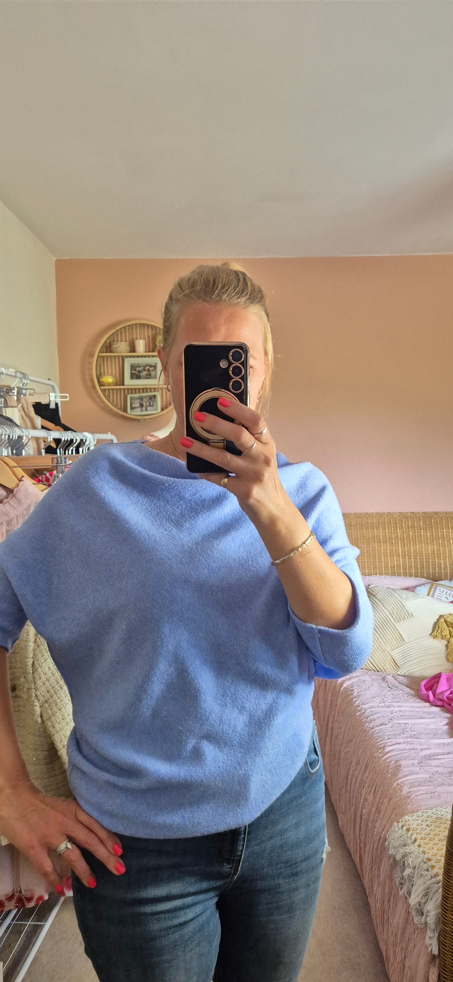 Asymmetrical 3/4 Sleeve Knit Sweater – Sky Blue