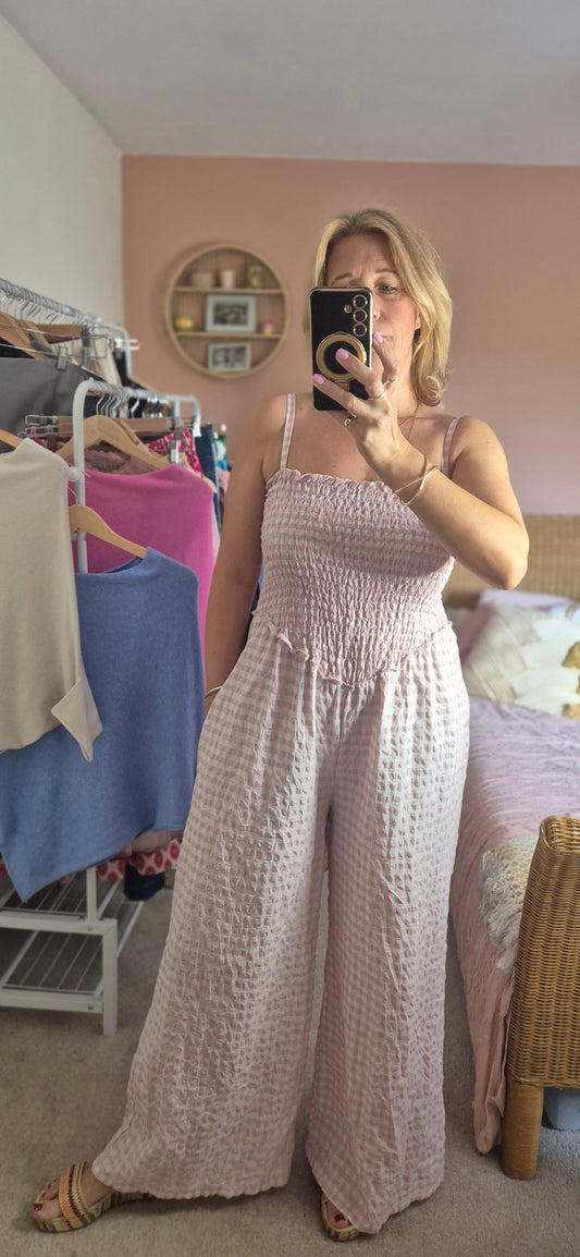 Gingham Shirred Jumpsuit - Pink and Stone