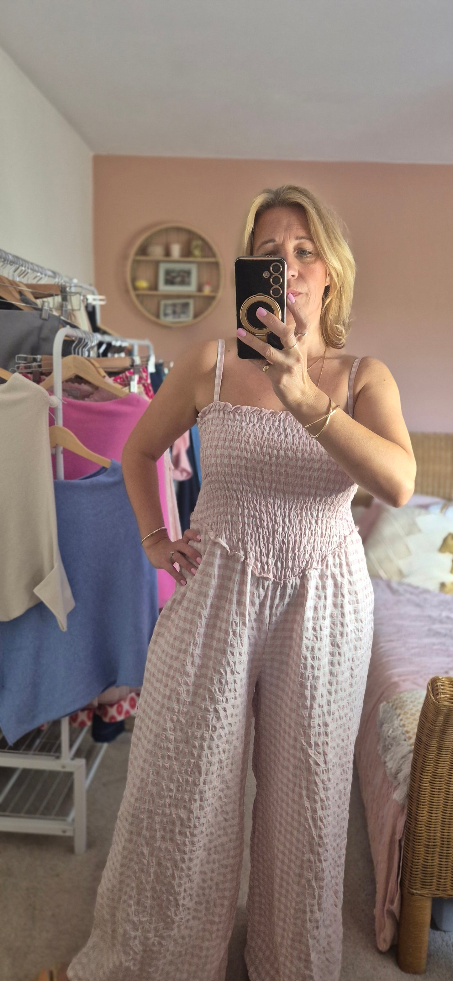 Gingham Shirred Jumpsuit - Pink and Stone