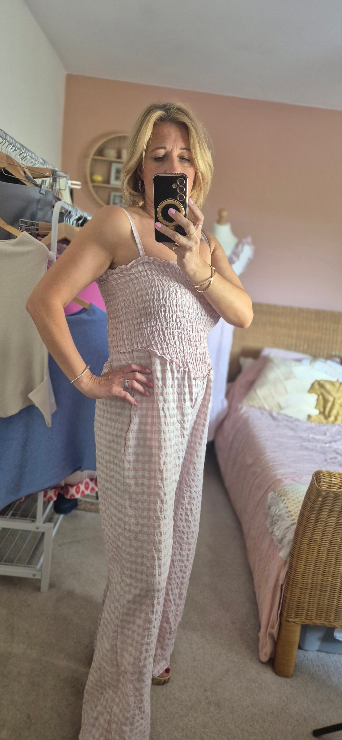 Gingham Shirred Jumpsuit - Pink and Stone