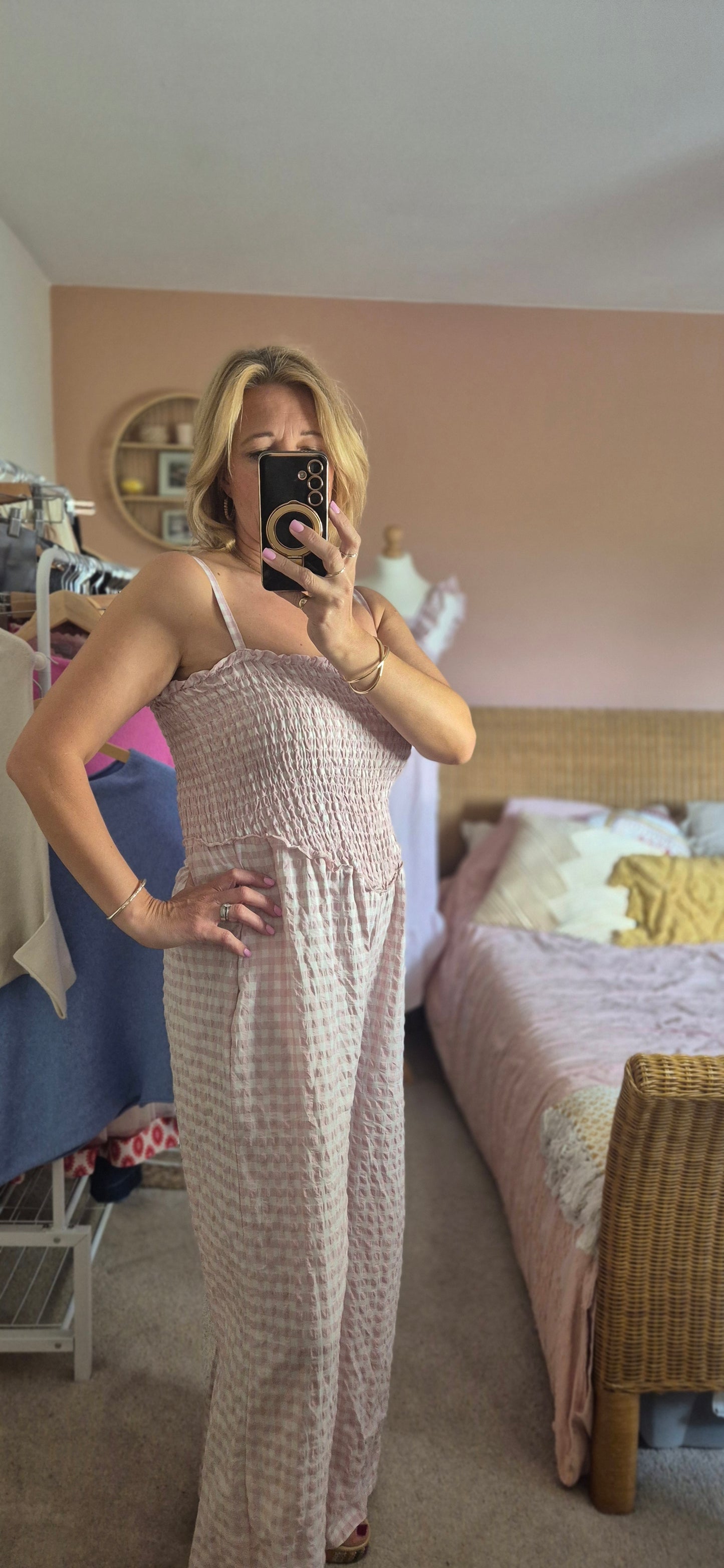 Gingham Shirred Jumpsuit - Pink and Stone