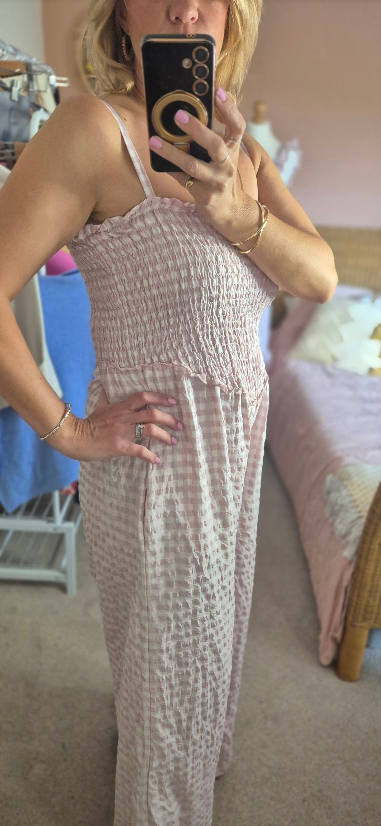 Gingham Shirred Jumpsuit - Pink and Stone