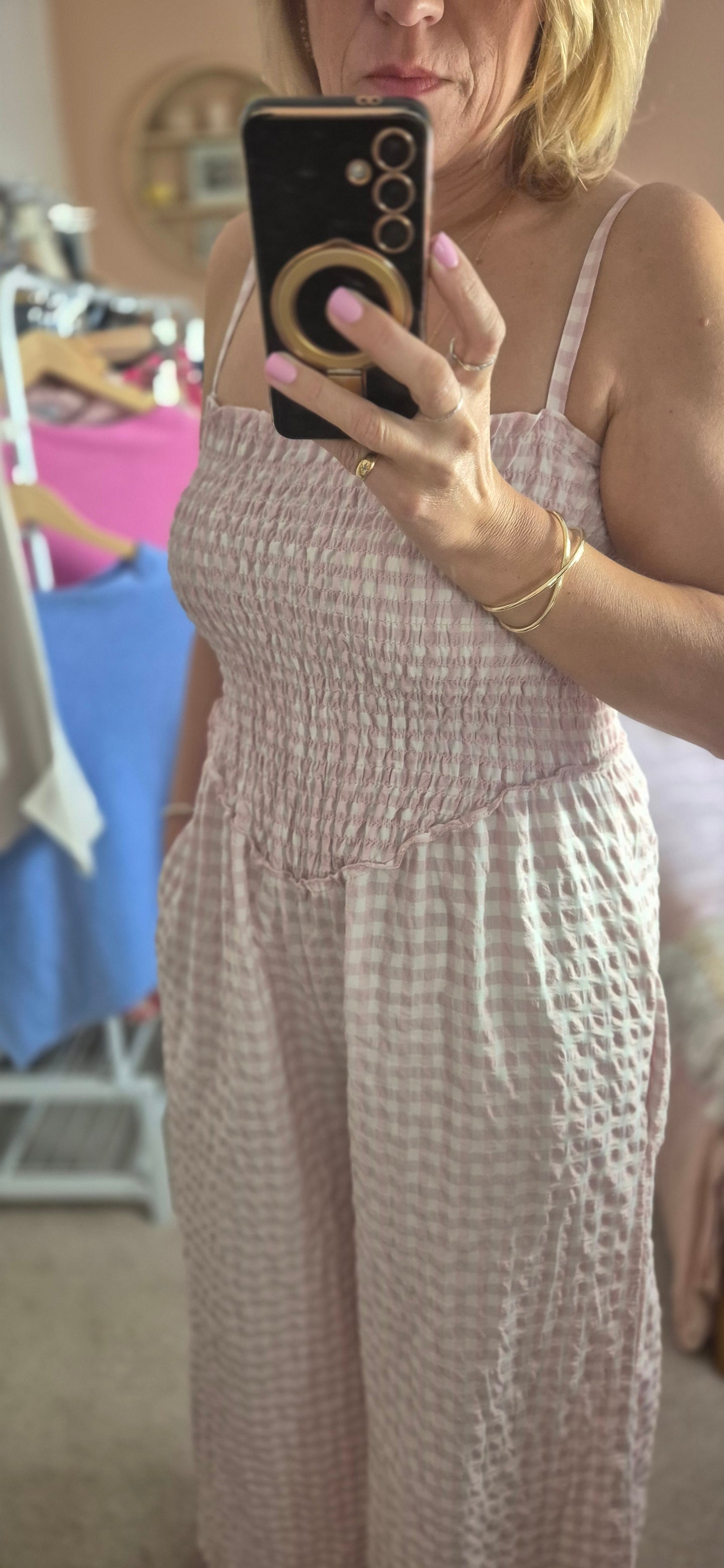 Gingham Shirred Jumpsuit - Pink and Stone