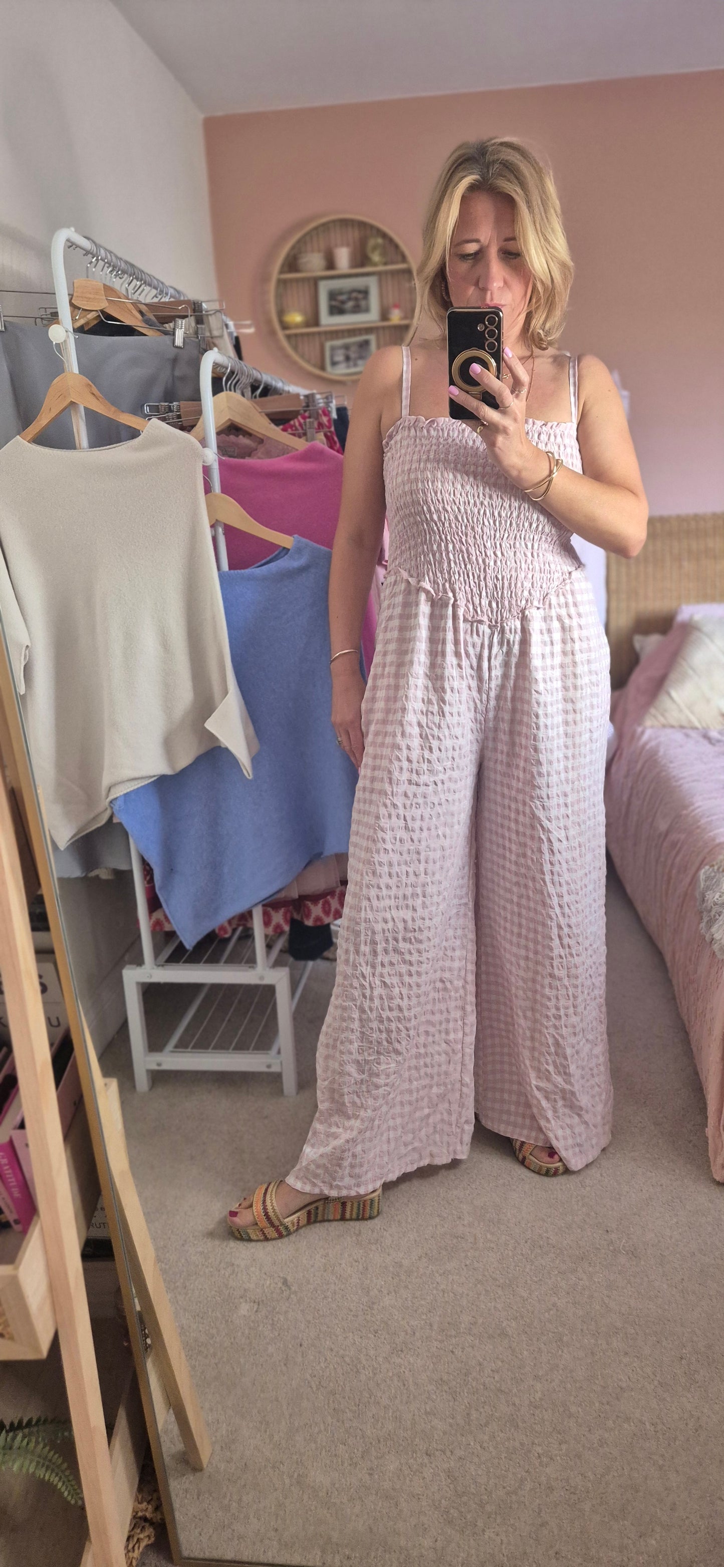 Gingham Shirred Jumpsuit - Pink and Stone