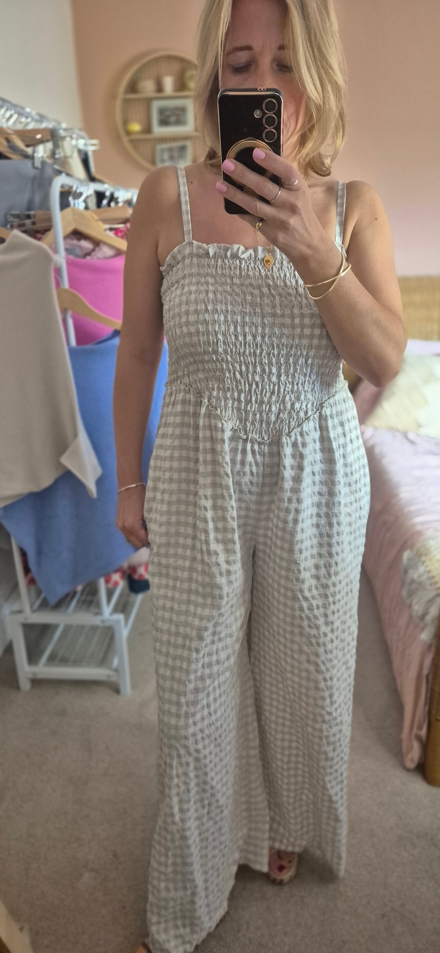 Gingham Shirred Jumpsuit - Pink and Stone