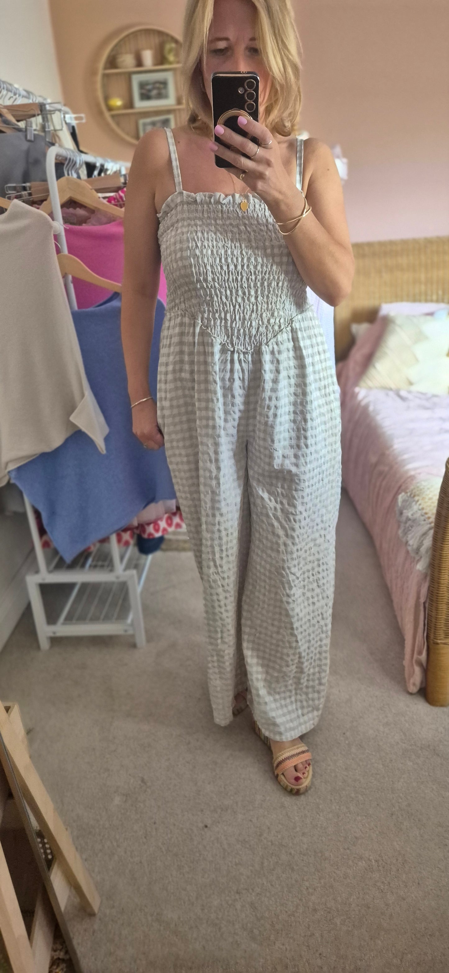 Gingham Shirred Jumpsuit - Pink and Stone