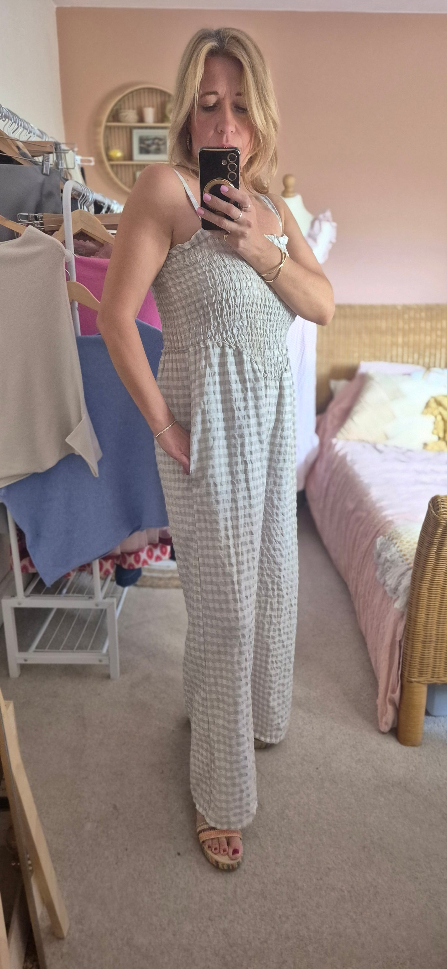 Gingham Shirred Jumpsuit - Pink and Stone