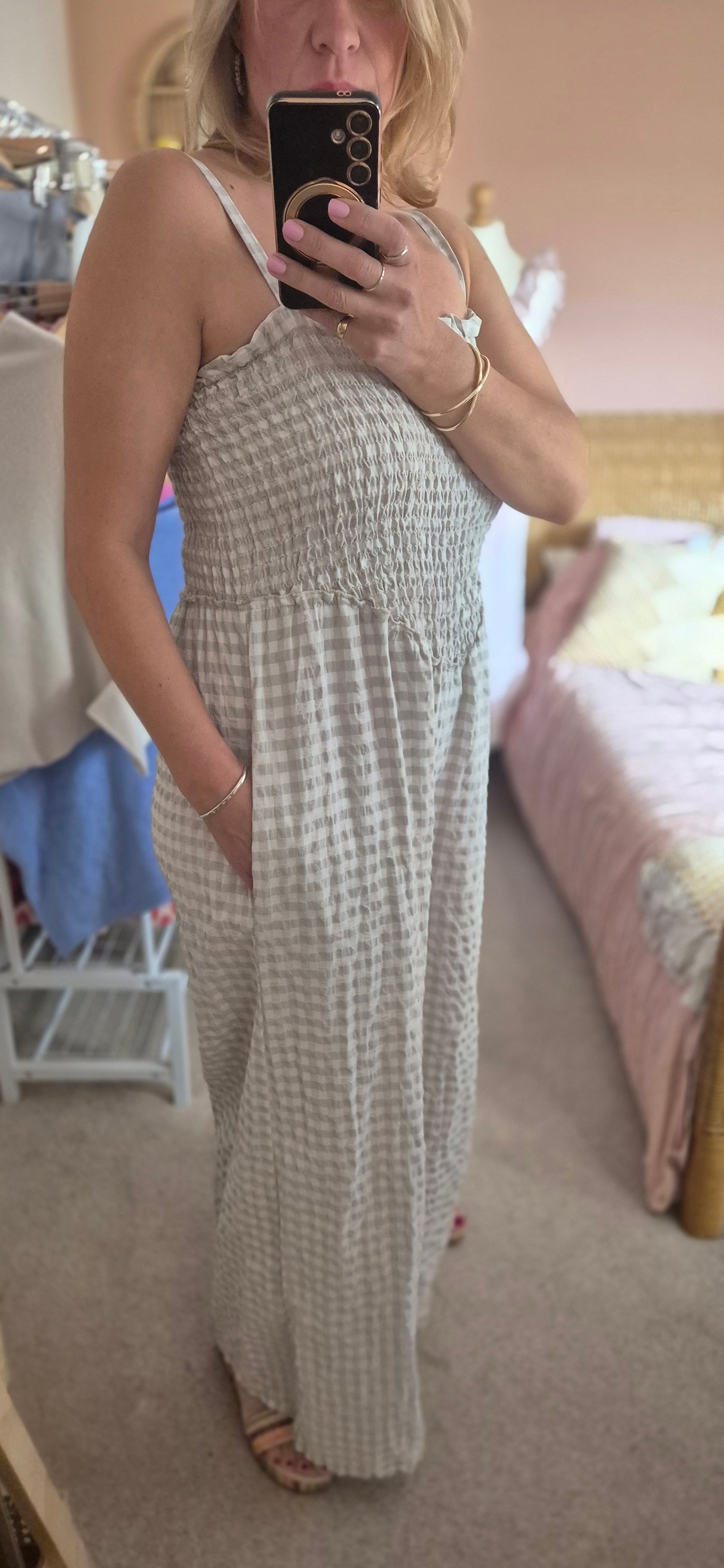Gingham Shirred Jumpsuit - Pink and Stone