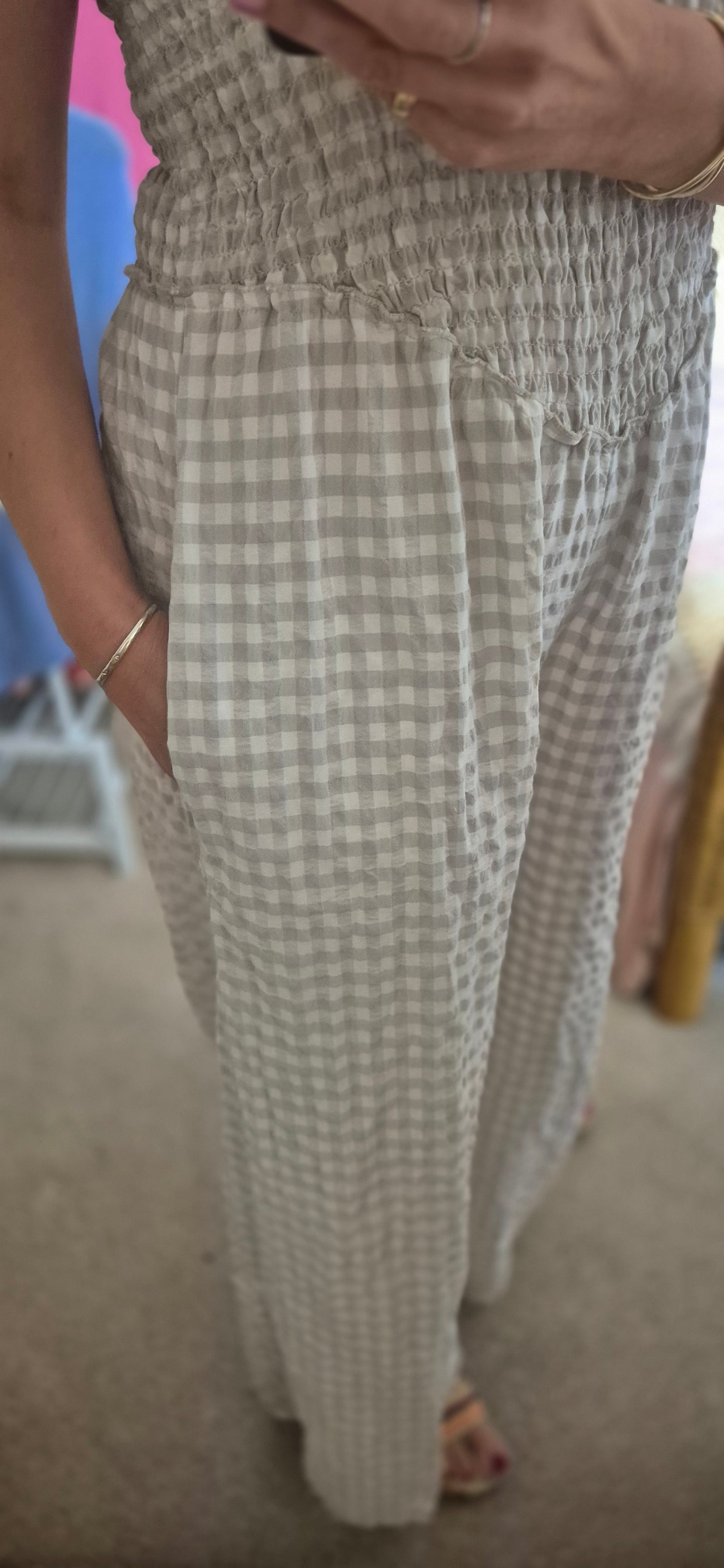 Gingham Shirred Jumpsuit - Pink and Stone