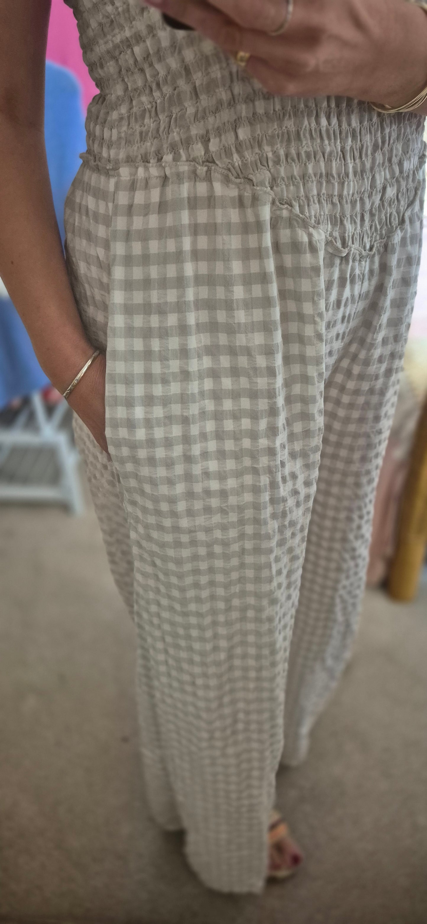 Gingham Shirred Jumpsuit - Pink and Stone