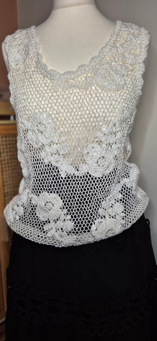 Aurora White Crochet Sequin Vest – Sparkle & Texture for Effortless Summer Layering