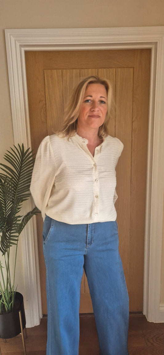 Nella Blouse – Cream High Neck with Lace Edging