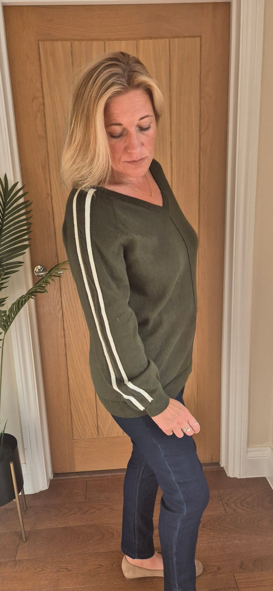 Talia Sweater – V-Neck Stripe Sleeve Knit