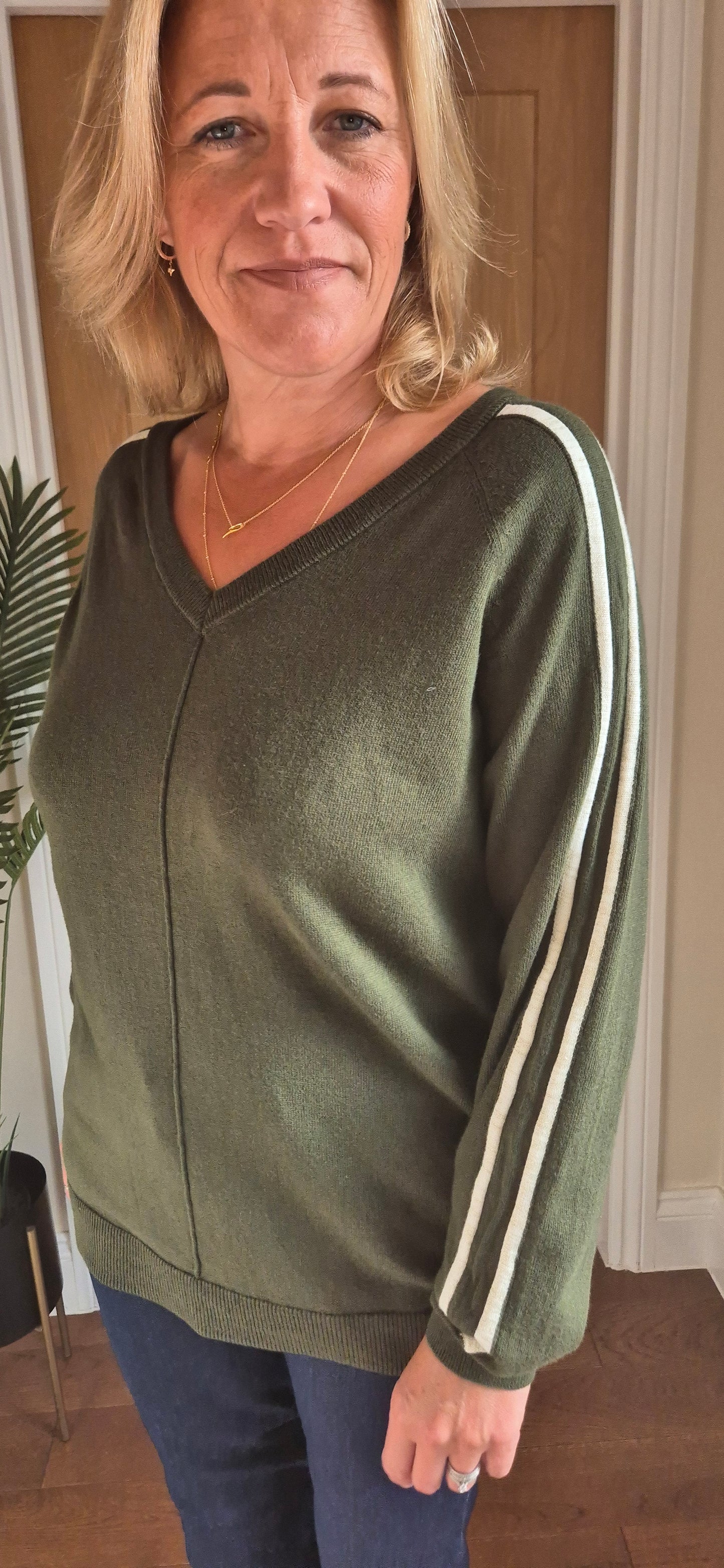 Talia Sweater – V-Neck Stripe Sleeve Knit
