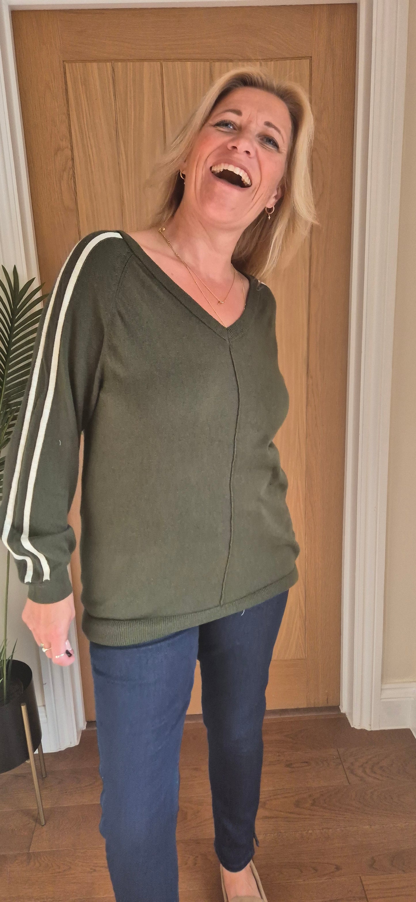 Talia Sweater – V-Neck Stripe Sleeve Knit