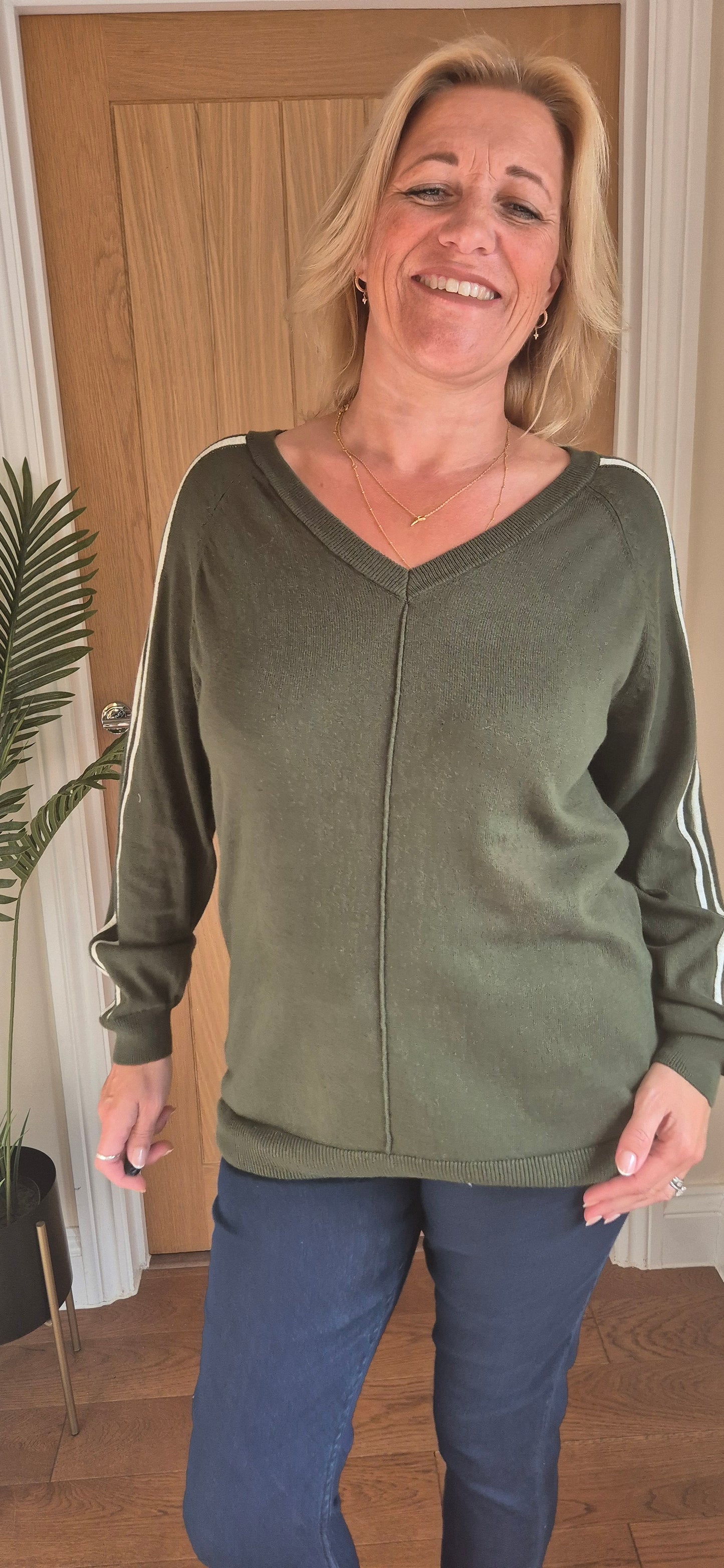 Talia Sweater – V-Neck Stripe Sleeve Knit