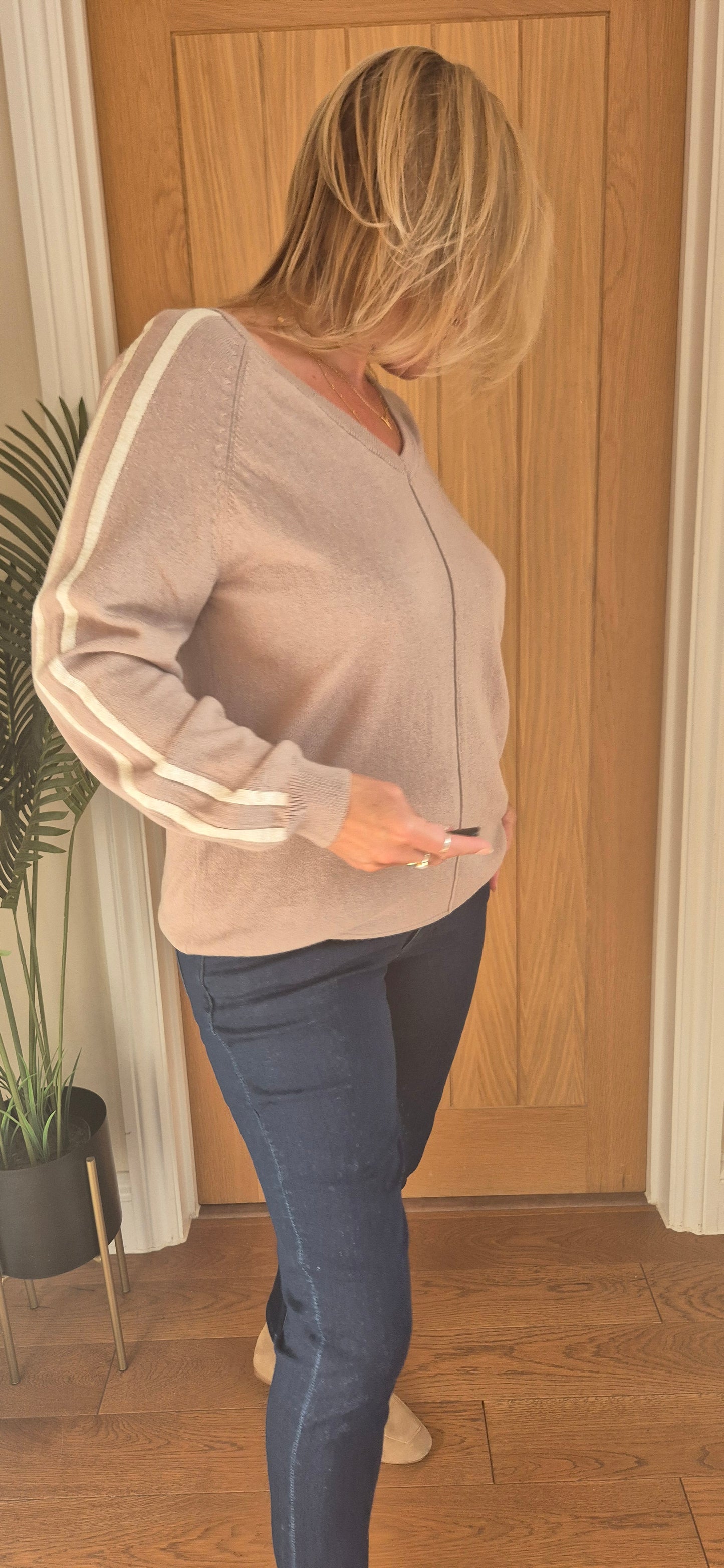 Talia Sweater – V-Neck Stripe Sleeve Knit
