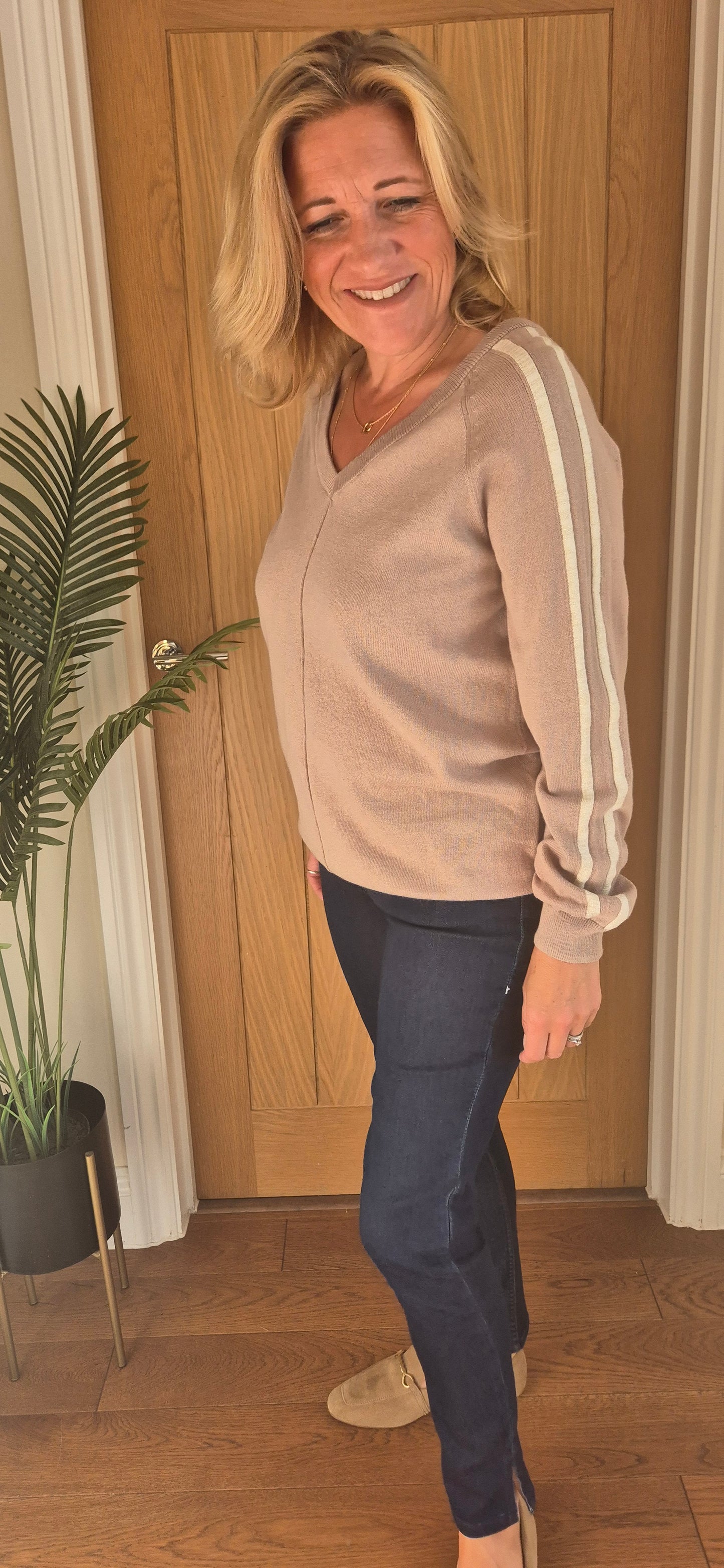 Talia Sweater – V-Neck Stripe Sleeve Knit