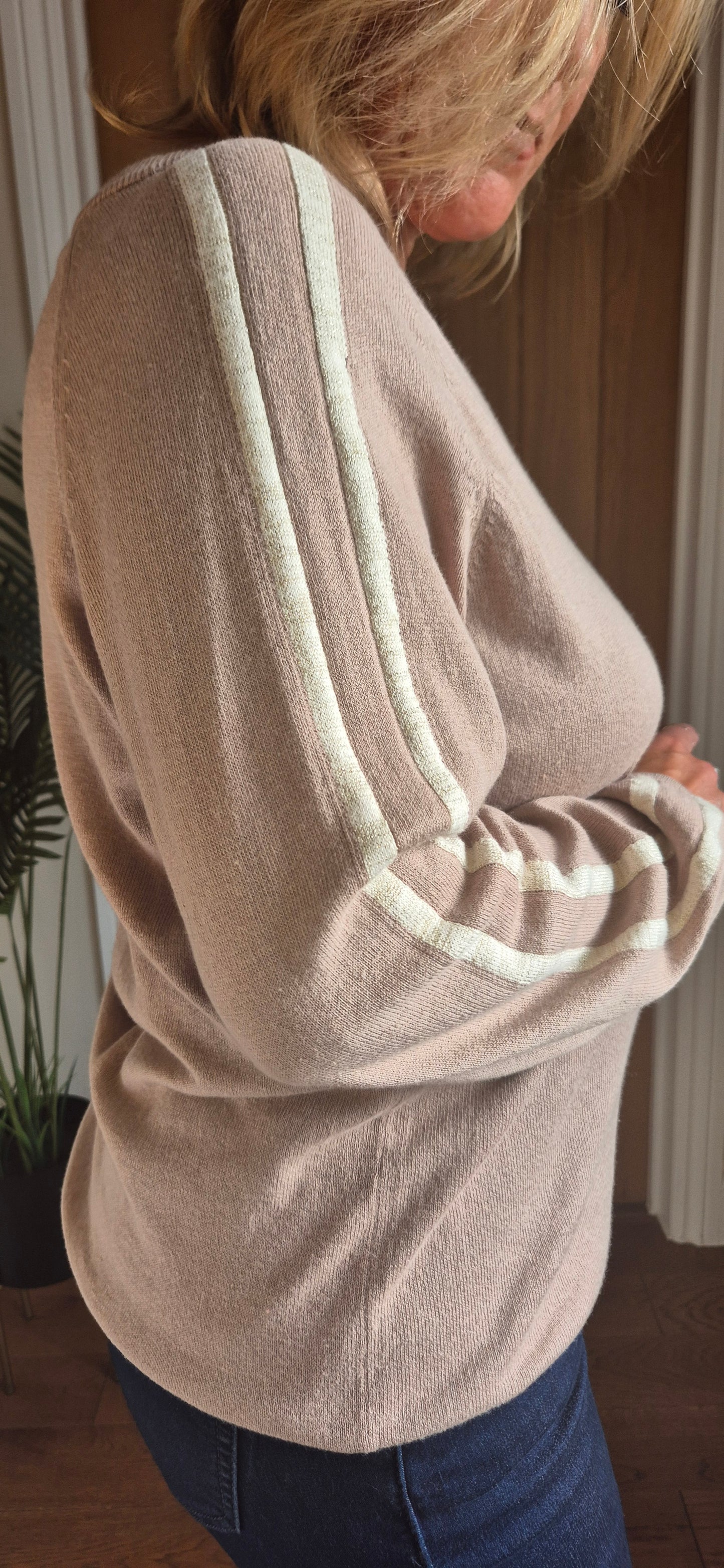 Talia Sweater – V-Neck Stripe Sleeve Knit