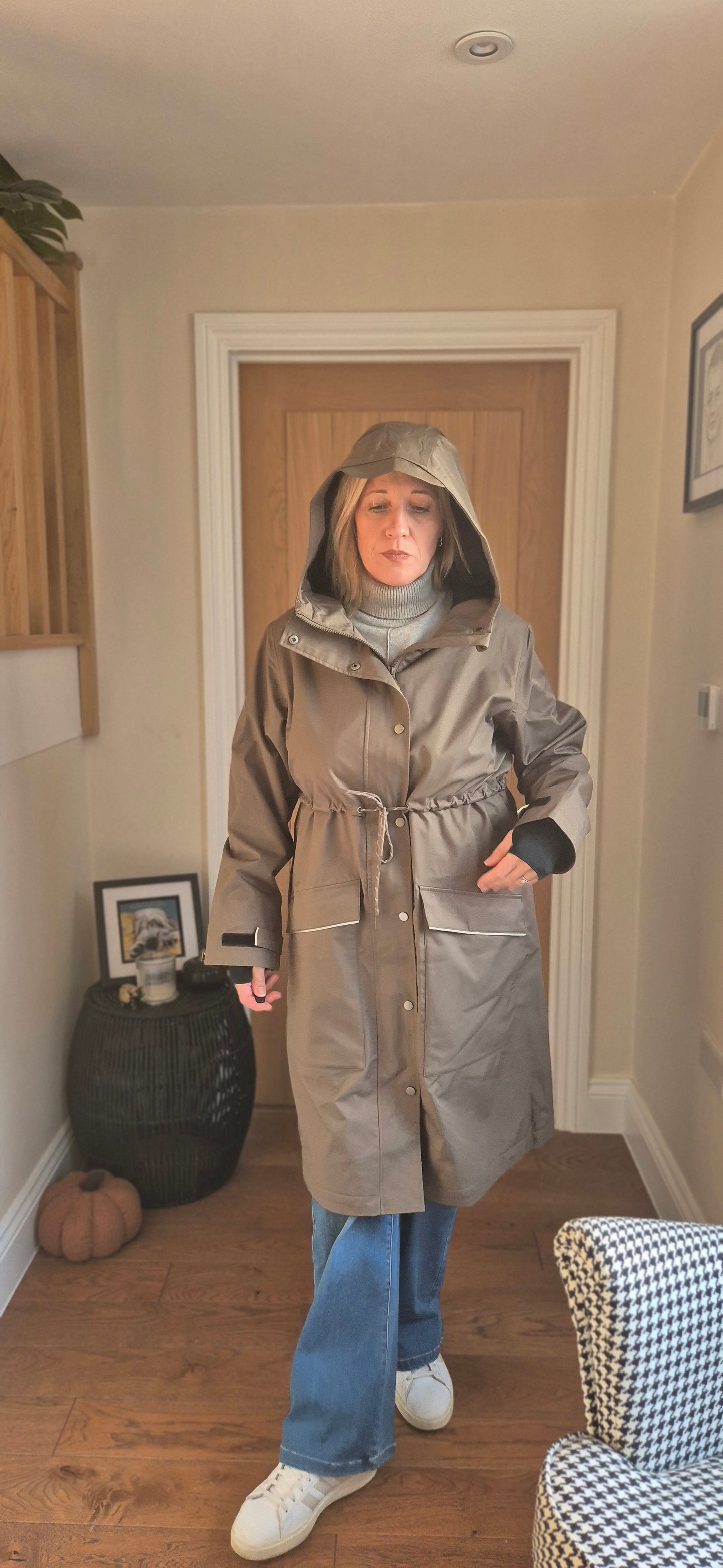 Raily Coat – Mushroom Brown Hooded Rain Coat with Drawstring Waist