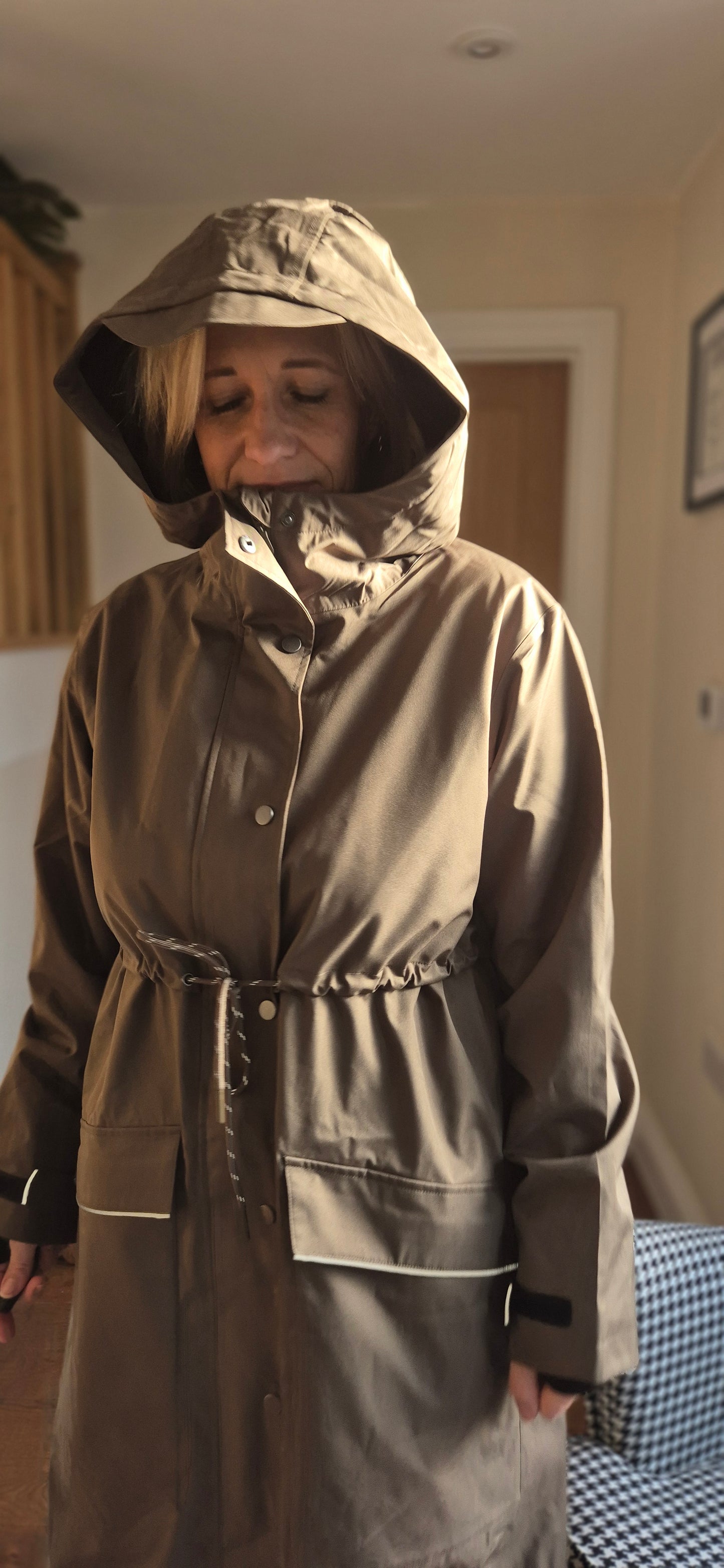 Raily Coat – Mushroom Brown Hooded Rain Coat with Drawstring Waist