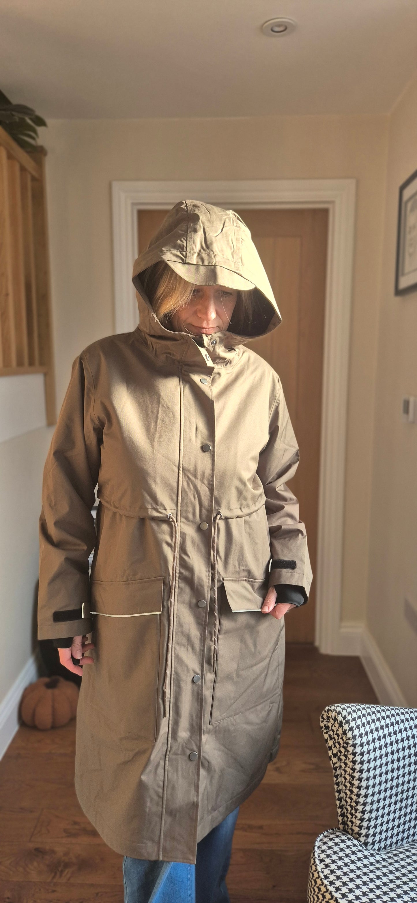 Raily Coat – Mushroom Brown Hooded Rain Coat with Drawstring Waist